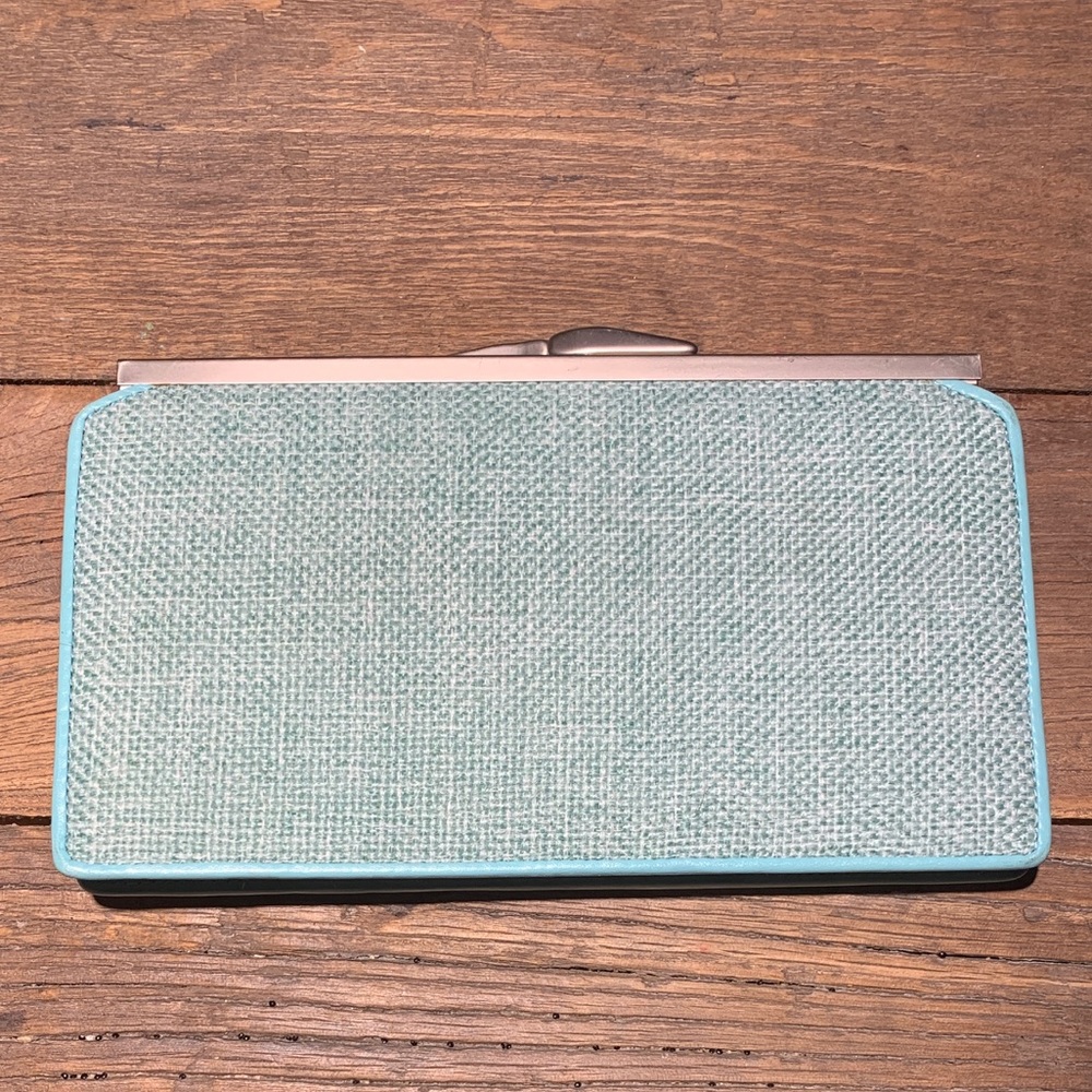 New! Blue wool and leather clutch.